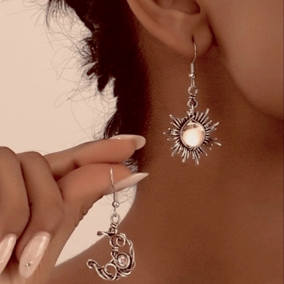Bohemian Astrology Sun Moon Silver Wire Wrapped Celestial Stone Mismatch Dangles - Picture 3 of 16